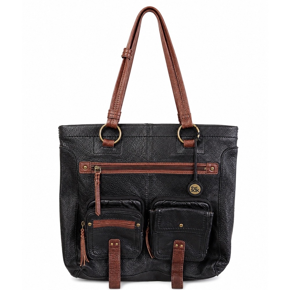 The Sak Black Leather Tote Shoulder Bag Brown Trim Multi Pocket Boho